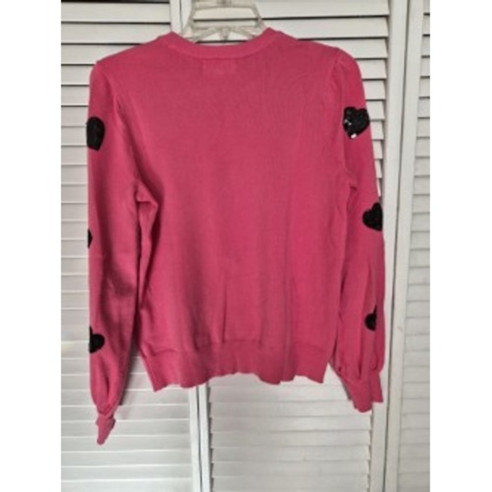 Marled Pink Sequin Heart Puff Sleeve Crewneck Sweater Womens Medium - Picture 3 of 5